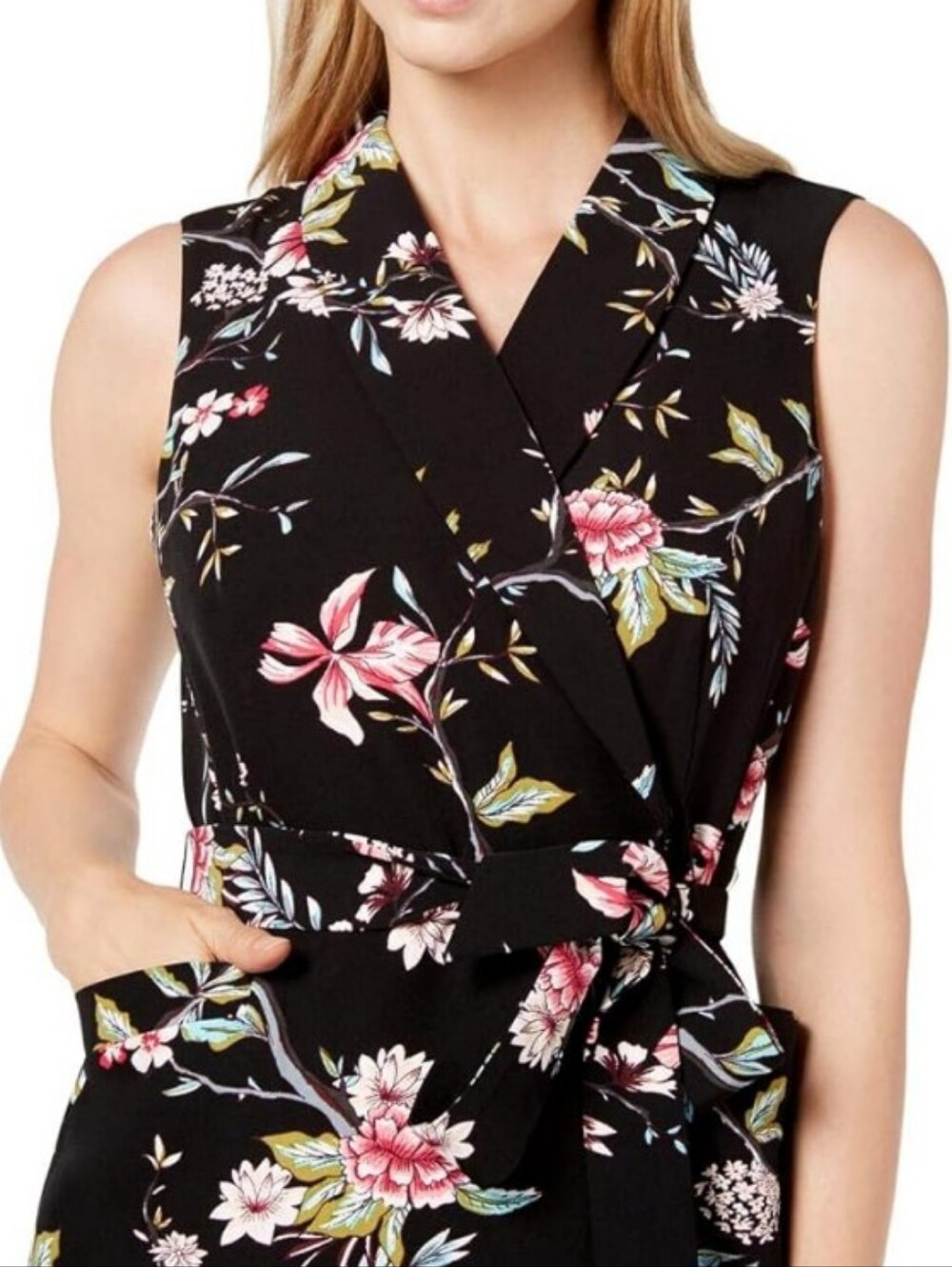 Calvin Klein Black Floral Wrap Belted Dress with Pink & Green Accents Misses 8P